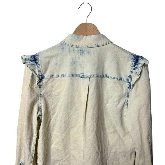 Alice + Olivia Hannah Ruffle Sleeve Button Down Shirt Linen Blend Blue Small - Picture 8 of 9